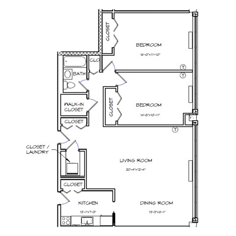 Crystal House Apartments in Arlington, Virginia 2x1 Floor Plan
